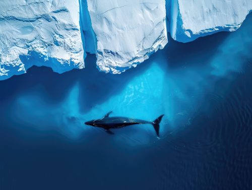 Whale swimming blue water ice shelf drone